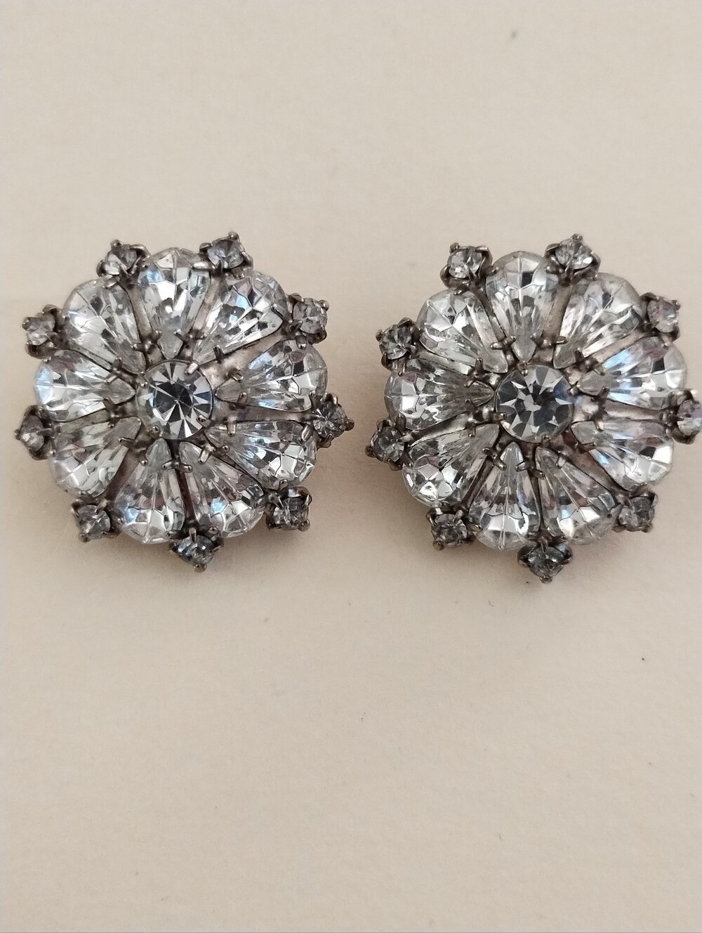 Vintage Silver-Tone Clip-On Earrings With Clear Rhinestones